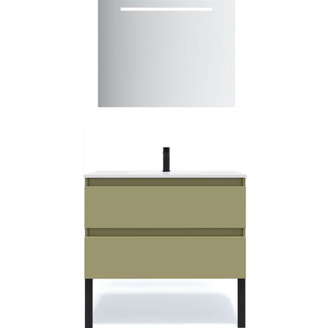 Meuble de salle de bain suspendu vasque intégrée 90cm 2 tiroirs Vert olive + miroir - Hudson