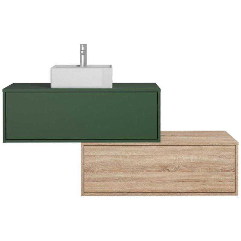 Vente-unique - Meuble de salle de bain suspendu vert et naturel clair avec simple vasque carrée et deux tiroirs - 94 cm - teana ii