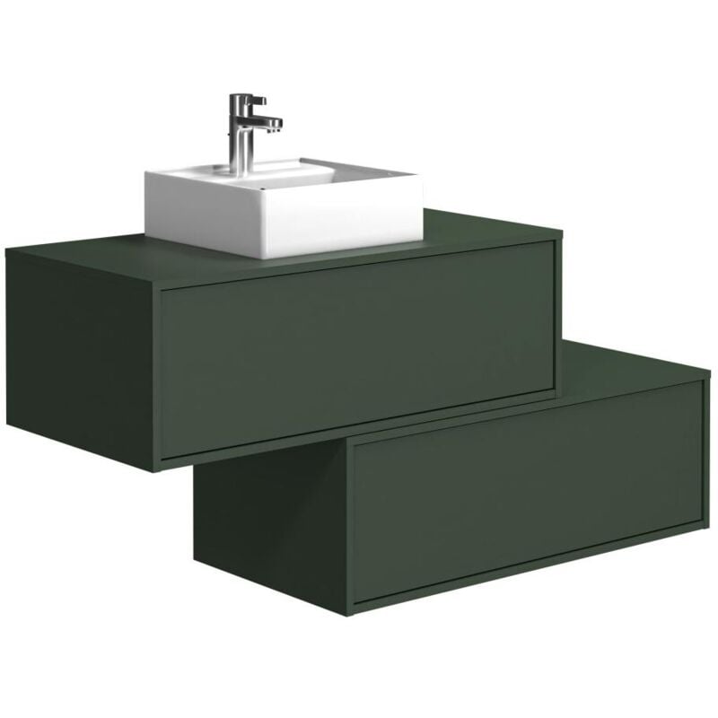 Vente-unique - Meuble de salle de bain suspendu vert mat avec simple vasque carrée et deux tiroirs - 94 cm - teana ii