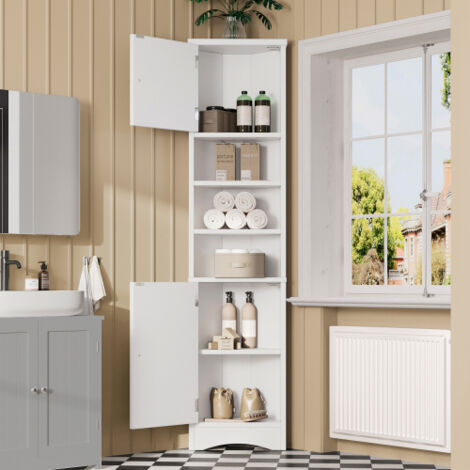 Meuble de salle de bain triangulaire avec vernis résistant à l'humidité, meuble de rangement avec étagères réglables, blanc, 36,5x24,5x170 cm
