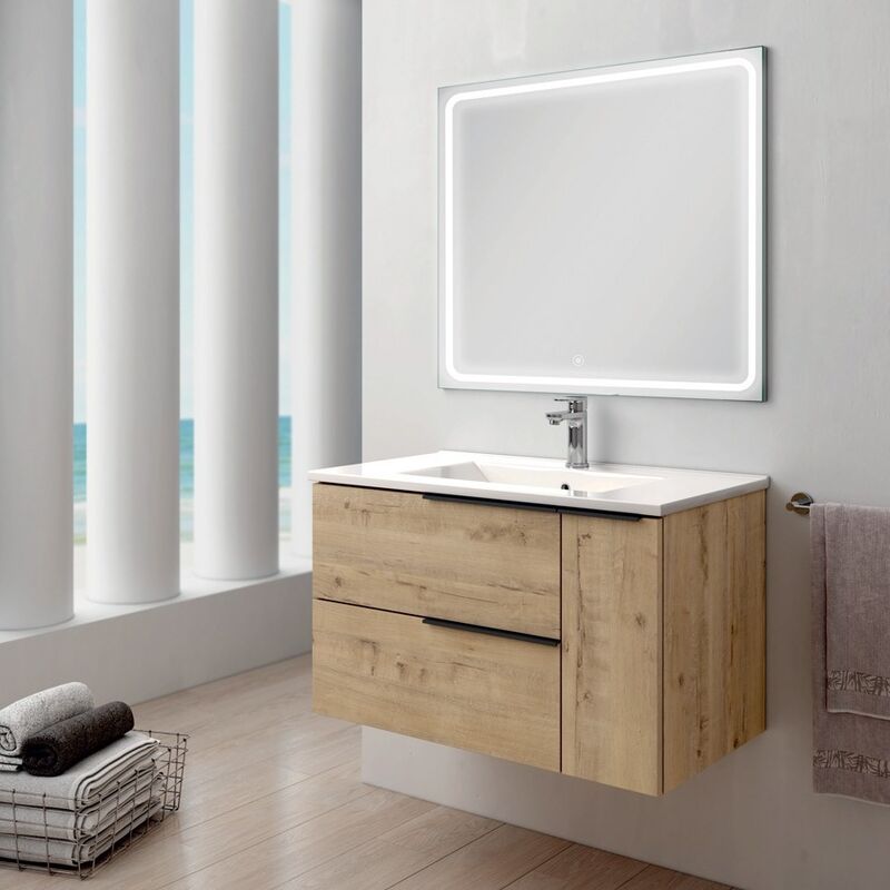 Cosyneo - Meuble de salle de bain vasque centrée - roble (chêne clair) - king et miroir Led veldi - 80cm