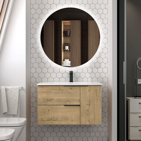 Meuble de salle de bain vasque centrée - roble (chêne clair) - KING et miroir Led SOLEN - 80cm