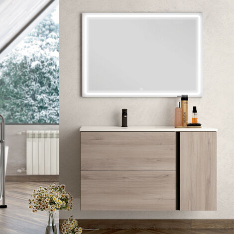 Meuble de salle de bain vasque déportée - 2 tiroirs - oak (chêne brut) - PRADO et miroir Led VELDI - 100cm