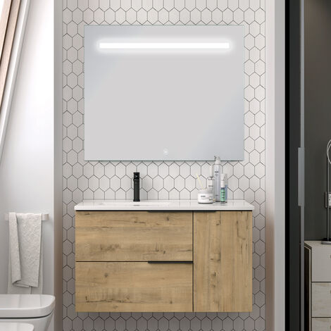 Meuble de salle de bain vasque déportée - roble (chêne clair) - KING  et miroir Led STAM - 80cm