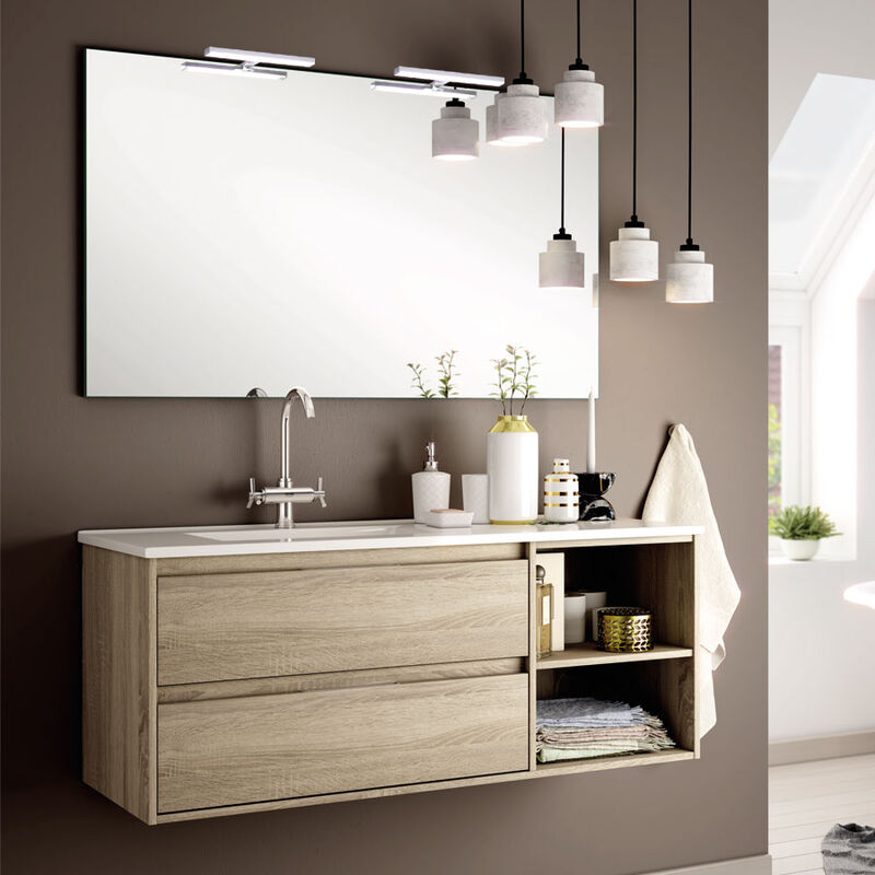 Meuble de salle de bain 120cm vasque déportée - 2 tiroirs et 2 niches - cambrian (chêne clair) - OLYMPE