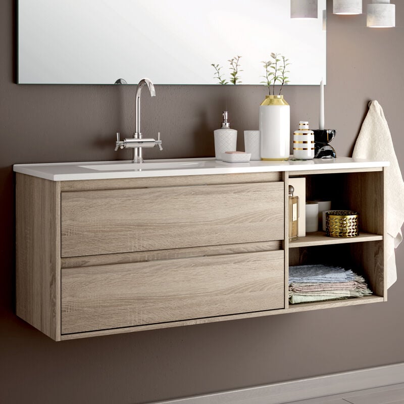 Cosyneo - Meuble de salle de bain 120cm vasque déportée - 2 tiroirs et 2 niches - sans miroir - cambrian (chêne clair) - olympe