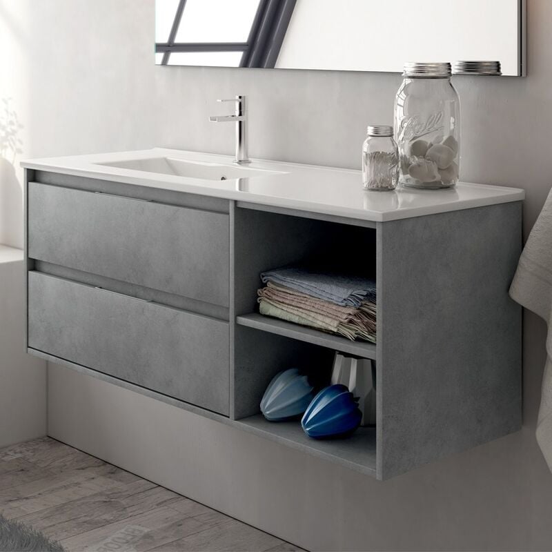 Cosyneo - Meuble de salle de bain 120cm vasque déportée - 2 tiroirs et 2 niches - sans miroir - ciment (gris) - olympe