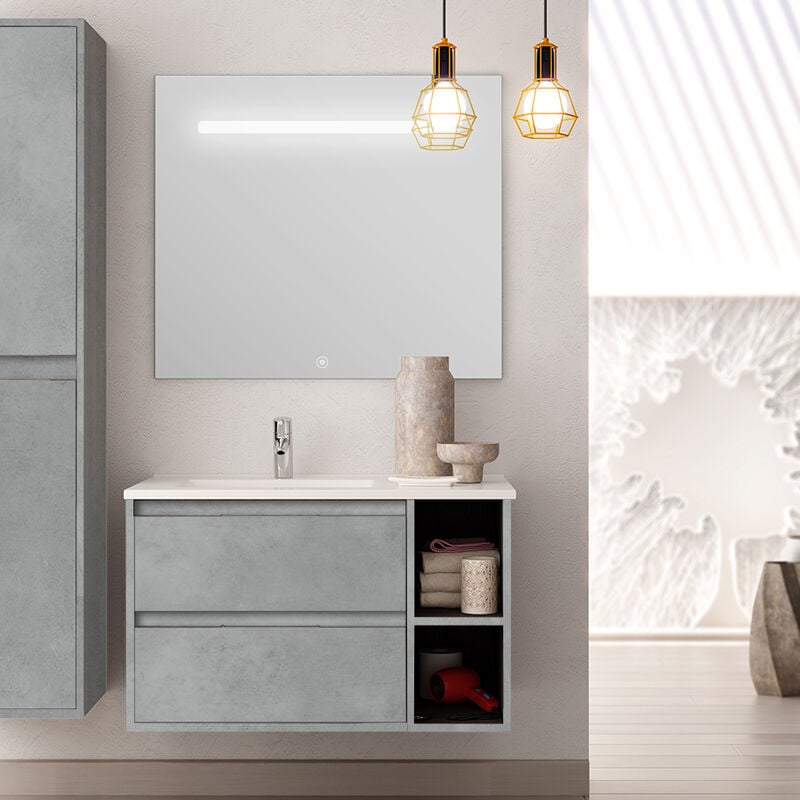 Cosyneo - Meuble de salle de bain vasque déportée 2 tiroirs ciment (gris) - olympe et miroir Led stam - 80cm