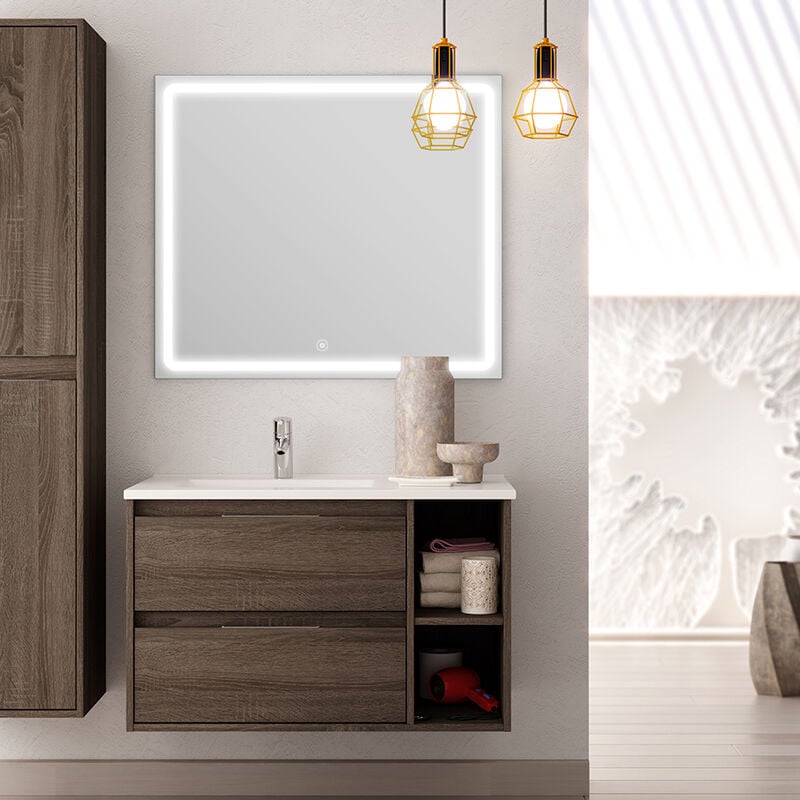 Meuble de salle de bain vasque déportée 2 tiroirs Britannia (chêne foncé) - OLYMPE et miroir Led VELDI - 80cm