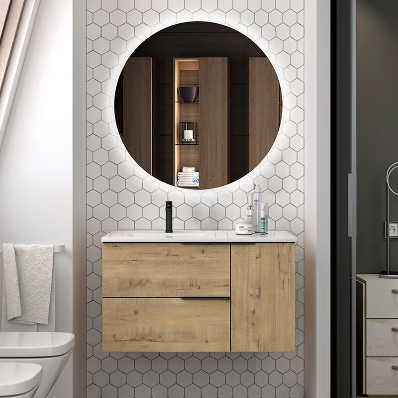 Cosyneo - Meuble de salle de bain vasque déportée - roble (chêne clair) - king et miroir Led solen - 80cm