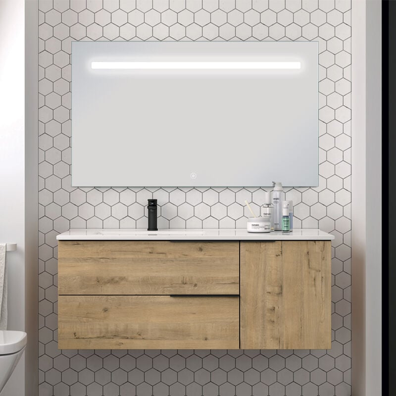 Cosyneo - Meuble de salle de bain vasque déportée - roble (chêne clair) - king et miroir Led stam - 120cm