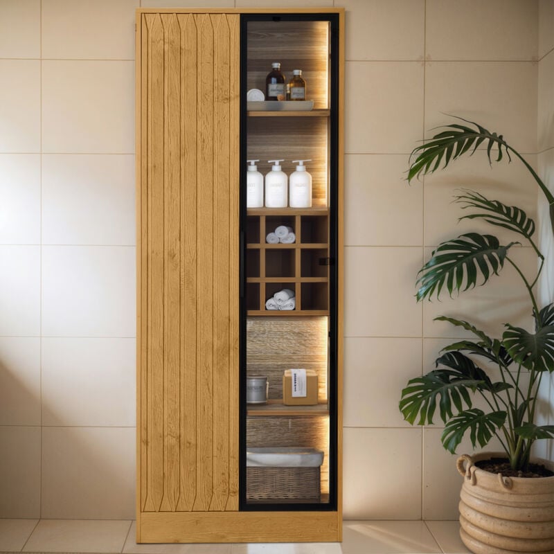 Okwish - Meuble de salle de bain, vitrine avec portes vitrées et éclairage 160 cm