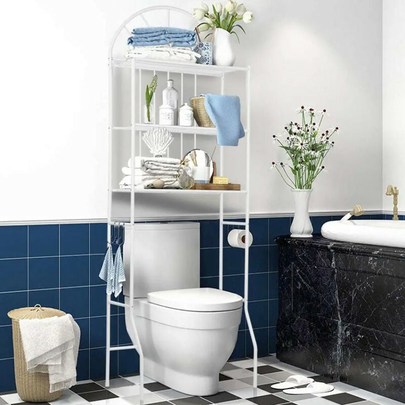 Meuble/Etagère Dessus Toilettes/WC/Machine à Laver en Métal avec 3 Couches de Rangement pour Salle de Bain,Toilettes 65x34x177cm Blanc