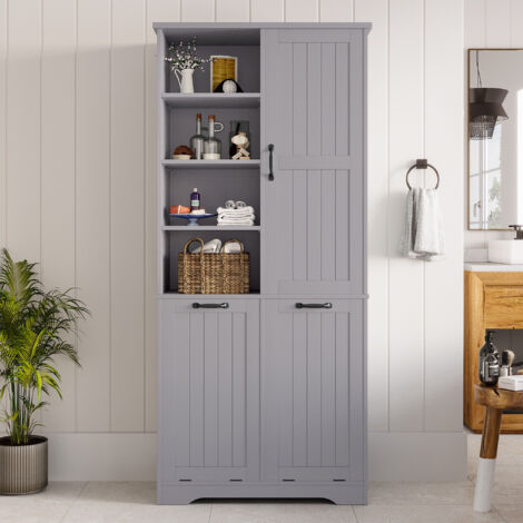 Meuble de salle de bain,Colonne, avec 4 compartiments ouverts, étagères réglables, peinture hydrofuge, double panier à linge, grand espace de rangement, 78 x 35 x 172 cm, Gris