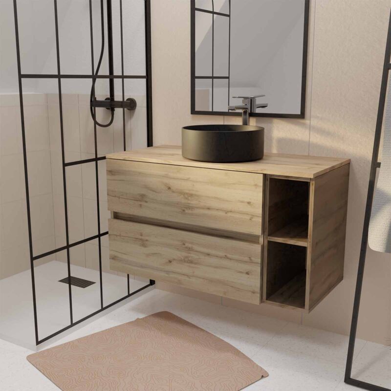 Aurlane - Meuble de salle de bains 100cm timber Décor Chêne 2 Tiroirs et Module - Vasque Ronde Noire