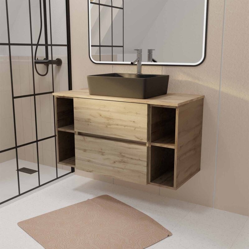 Aurlane - Meuble de salle de bains 100cm timber Décor Chêne 2 Tiroirs - Vasque Rectangulaire Noire