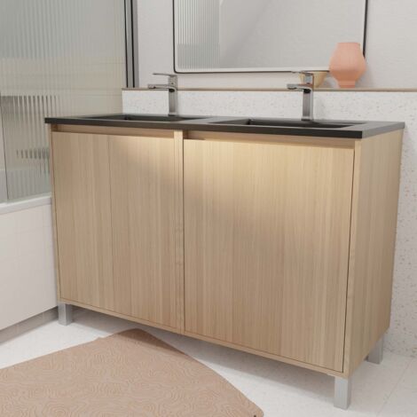 Aurlane – Meuble double vasque 120 cm – 4 portes chêne clair – Vasque en céramique noire avec trop-plein – Sur pieds avec fermeture progressive