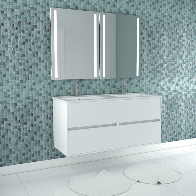 Meuble Salle de Bains 120 cm Laqué Blanc 4 Tiroirs, Vasque, Miroirs 60x80 à Leds intégrées - XENOS