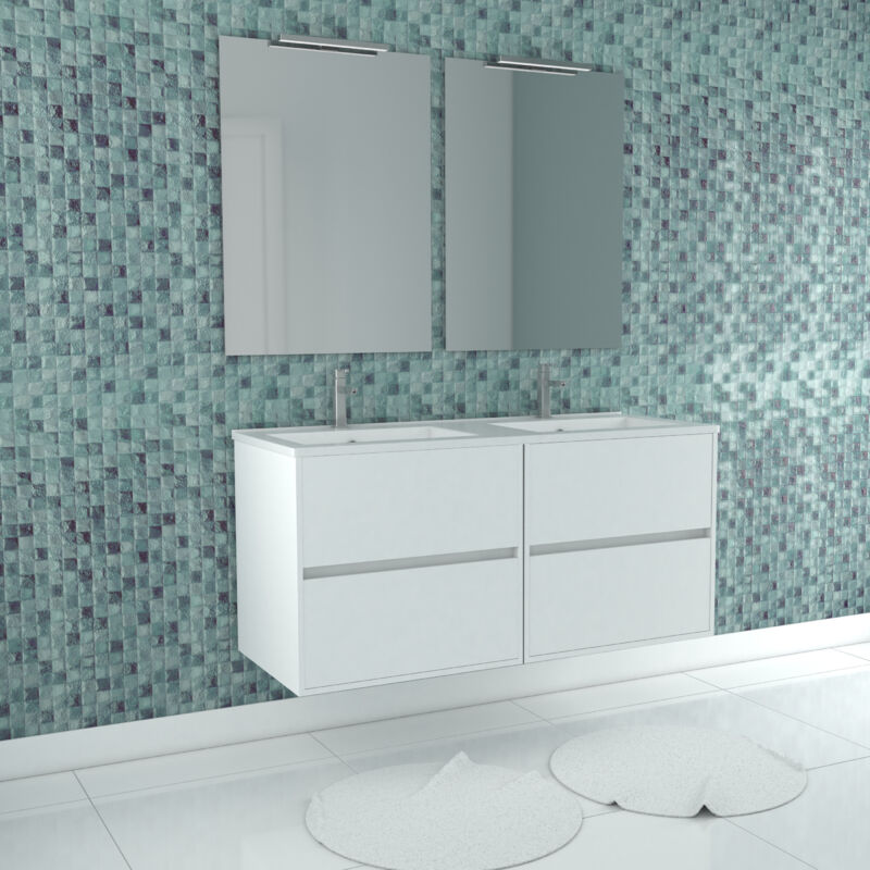 Aurlane - Meuble Salle de Bains 120 cm Laqué Blanc 4 Tiroirs, Vasque, Miroirs 60x80 et Réglettes Led - xenos