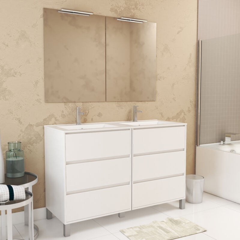 Aurlane - Meuble Salle de Bains 120 cm Laqué Blanc 6 Tiroirs, Vasque, Miroirs 60x80 et Réglettes Led - xenos
