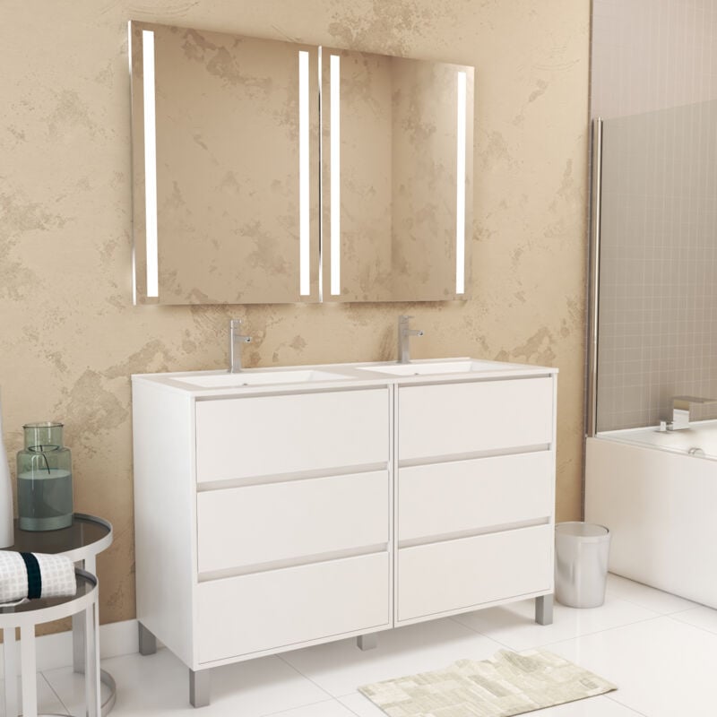 Meuble Salle de Bains 120 cm Laqué Blanc 6 Tiroirs, Vasque, Miroirs 60x80 à Leds intégrées - XENOS