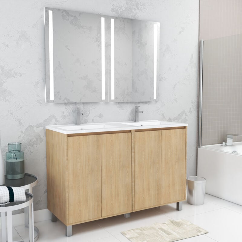 Meuble Salle de Bains 120 cm Chêne Clair 4 Portes, Vasque, Miroirs 60x80 à Leds intégrées - XENOS