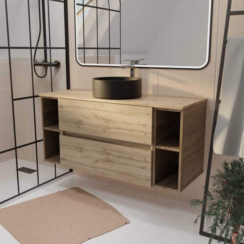 Aurlane - Meuble de salle de bains 120 cm timber - Décor Chêne, 2 tiroirs, Vasque noire à poser