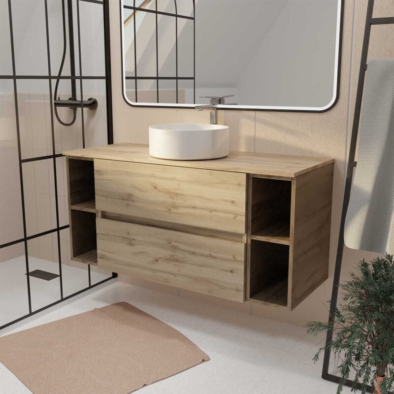 Aurlane - Meuble de salle de bains 120 cm timber - Décor Chêne, 2 tiroirs, Vasque blanche à poser