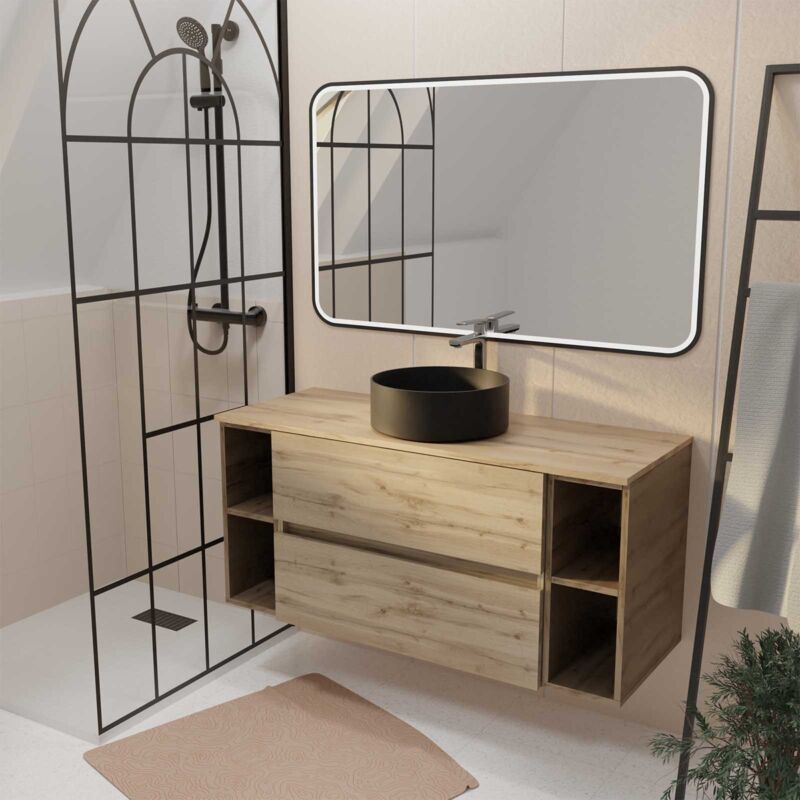 Aurlane - Meuble de salle de bains 120 timber Décor Chêne 2 tiroirs - Vasque noire à poser Miroir led 120x70