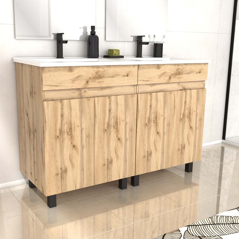 Aurlane - Meuble de salle de bains 120cm 4 PortesChêne Naturel + Vasque céramique blanche - timber 120
