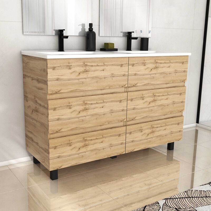 Aurlane - Meuble de salle de bains 120cm 6 TiroirsChêne Naturel + Vasque céramique blanche - timber 120
