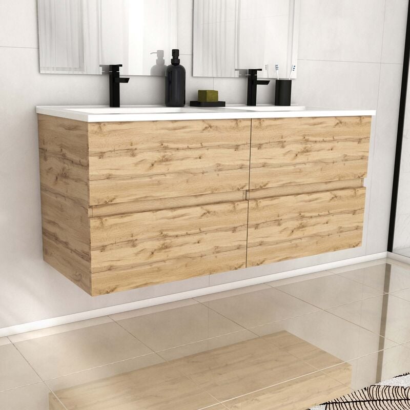 Aurlane - Meuble de salle de bains 120cm 4 TiroirsChêne Naturel + Vasque céramique blanche - timber 120