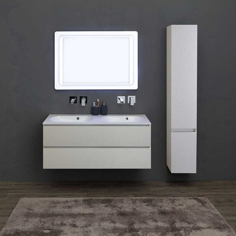 Kiamami Valentina - Meuble De Salle De Bains 120Cm Gris Perle Avec Double Vasque Et Colonne Valentina