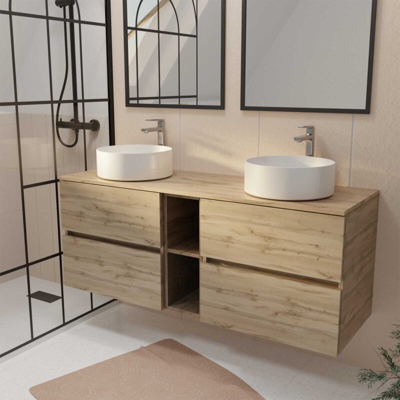 Meuble de Salle de Bains 140 timber Décor Chêne 4 tiroirs et module - Vasques Blanches Ø36cm