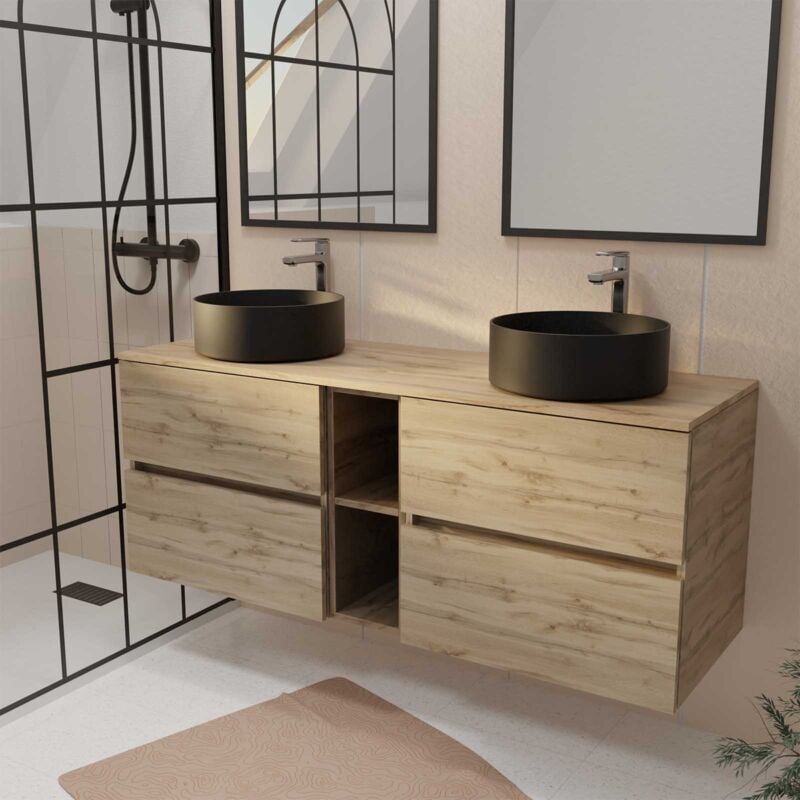 Meuble de Salle de Bains 140 timber Décor Chêne 4 tiroirs et module - Vasques Noires Ø36cm