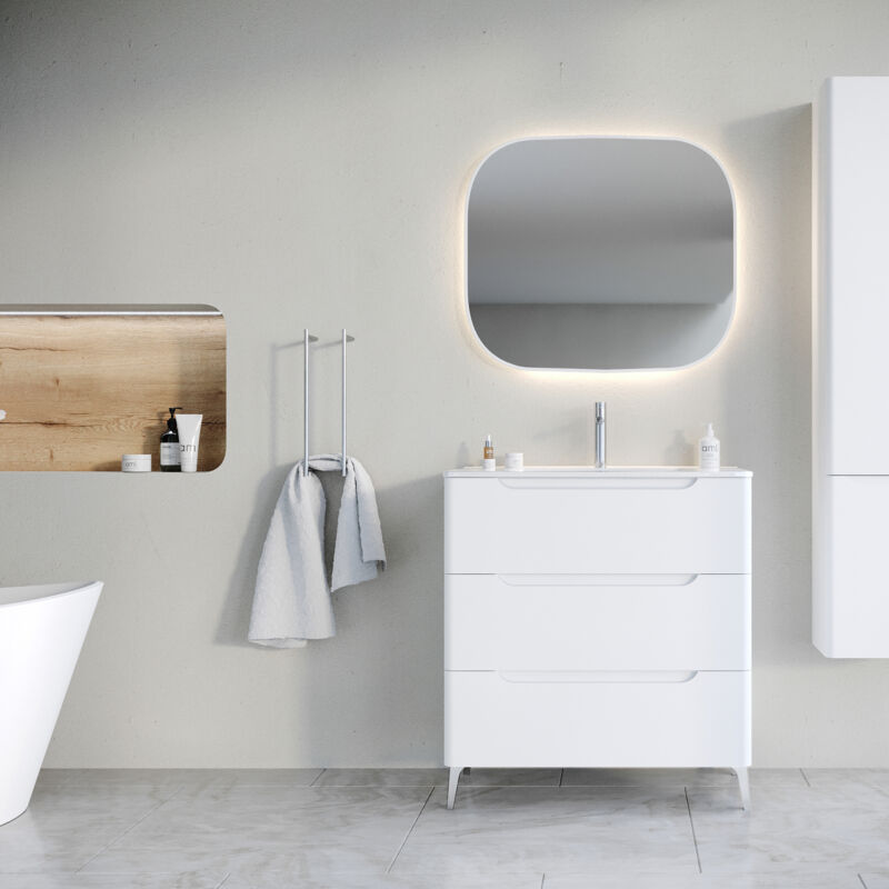 Aurlane - Meuble de salle de bains 80cm 3 tiroirs Blanc Mat - Vasque céramique blanche - jota