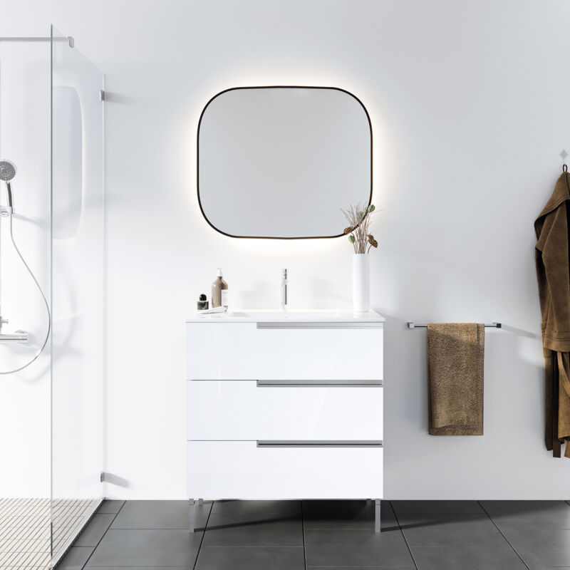 Aurlane - Meuble de salle de bains 80cm Blanc Glossy 3 tiroirs avec Vasque céramique blanche - one