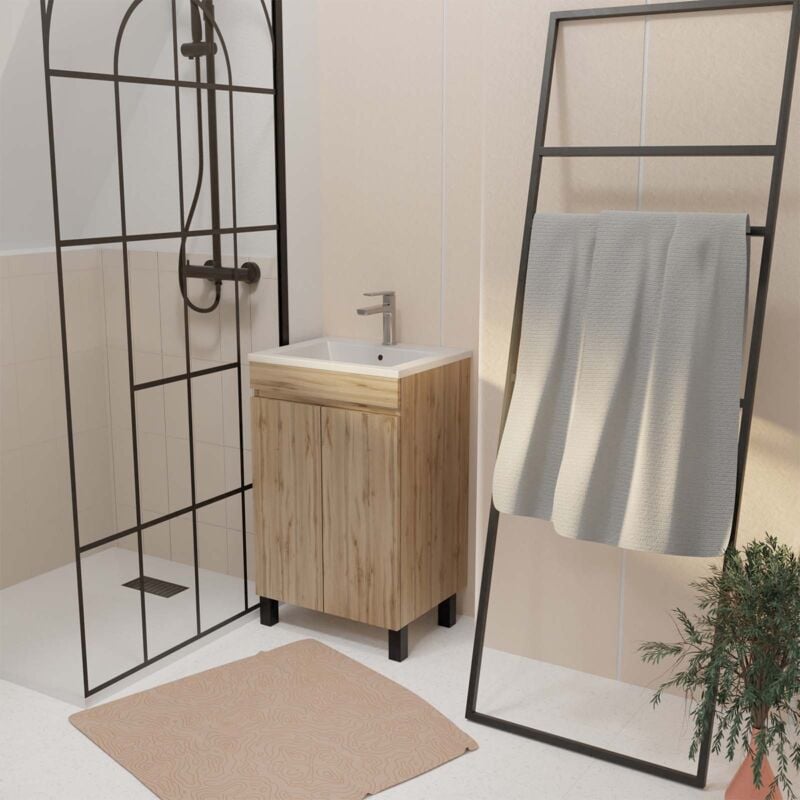 Meuble de salle de bains 50 cm Décor Chêne Naturel à portes avec Vasque céramique blanche