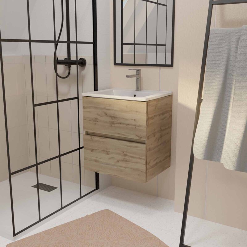 Aurlane - Meuble de salle de bains 50 cm timber - Décor Chêne Naturel 2 tiroirs avec Vasque blanche
