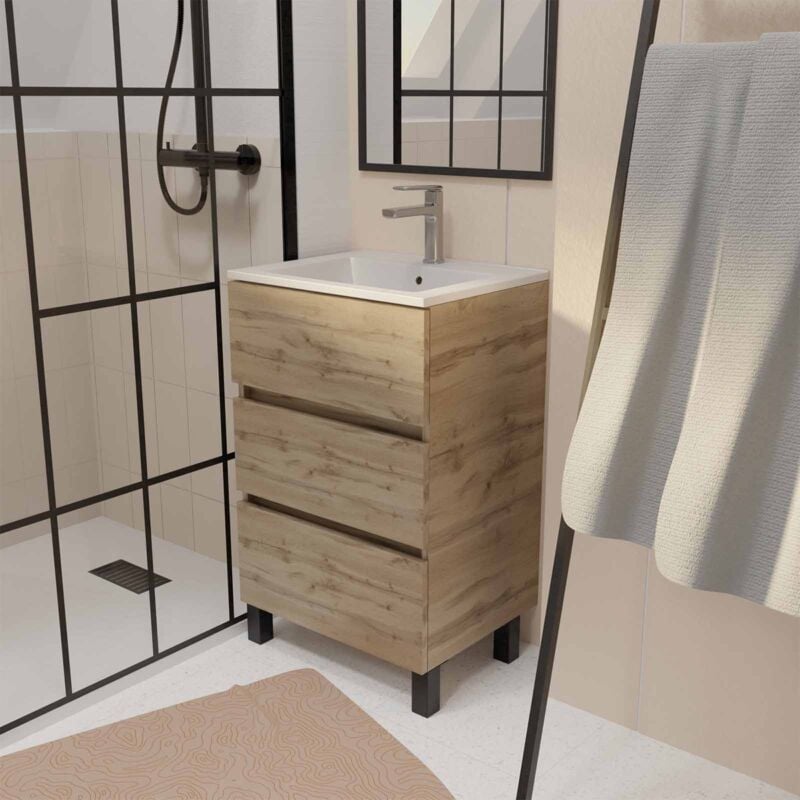 Aurlane - Meuble de salle de bains 50 cm timber - Décor Chêne Naturel 3 tiroirs avec Vasque blanche