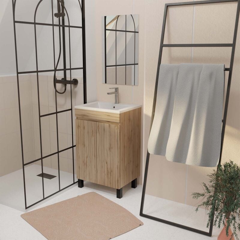 Aurlane - Meuble de Salle de Bains 50 cm Décor Chêne Naturel - Vasque Blanche et Miroir 42x66