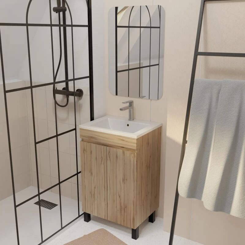 Meuble de Salle de Bains 50 cm Décor Chêne Naturel - Vasque Blanche et Miroir 50x70