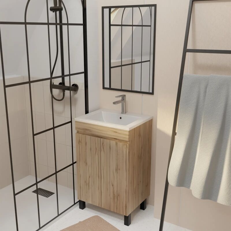 Aurlane - Meuble de Salle de Bains 50 cm Décor Chêne Naturel - Vasque Blanche et Miroir 50x70 avec Cadre Noir