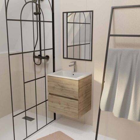 meuble de salle de bains 50cm timber - tiroirs décor chêne, vasque blanche et miroir cadre noir