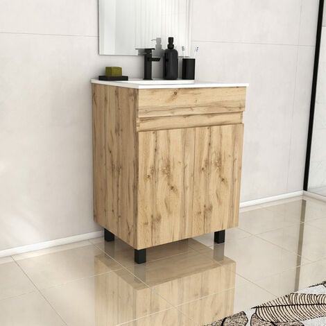Meuble de salle de bains 60 cm TIMBER - Décor Chêne Naturel à portes avec Vasque céramique blanche