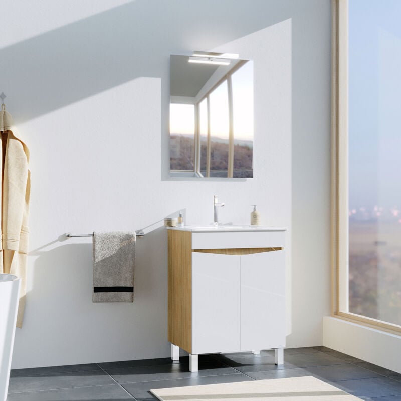 Aurlane - Meuble de salle de bains 60cm 2 Portes Bois et Blanc + Vasque céramique blanche - key