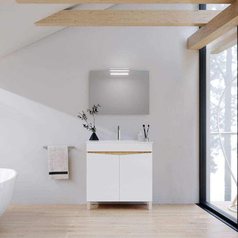Aurlane - Meuble de salle de bains 80cm 2 Portes Bois et Blanc + Vasque céramique blanche - key