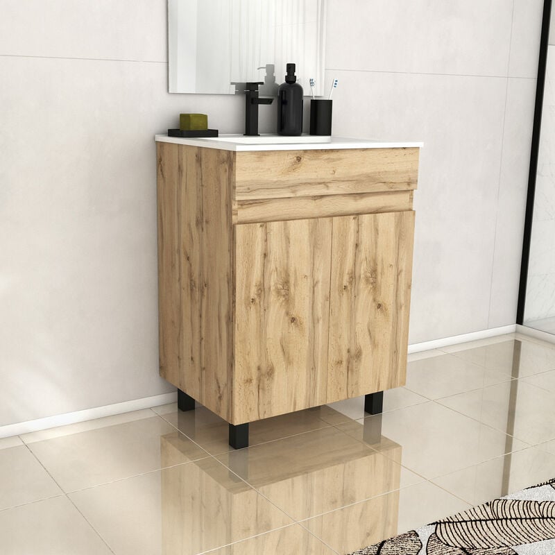 Meuble de salle de bains 60 cm timber - Décor Chêne Naturel à portes avec Vasque céramique blanche