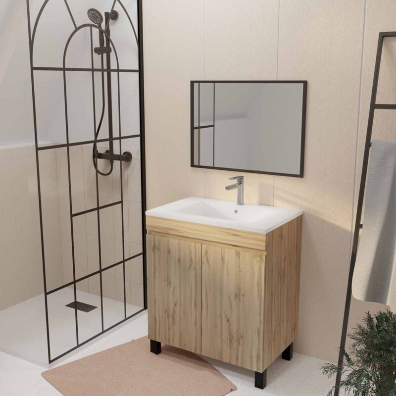 Meuble de salle de bains 70cm timber Décor Chêne Naturel à Portes Vasque Blanche et Miroir 70x50