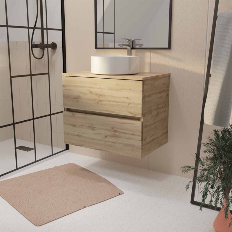 Aurlane - Meuble de salle de bains suspendu 70cm timber Décor Chêne 2 tiroirs Vasque blanche à poser